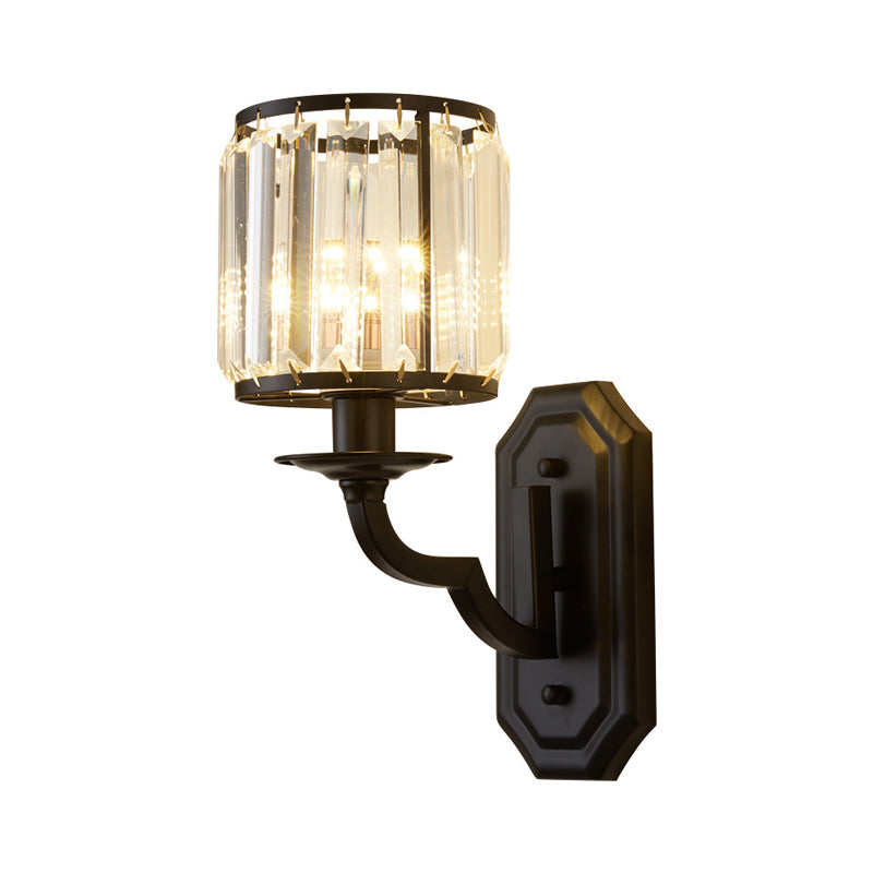 1 Head Wall Mount Light Fixture Rural Drum Faceted Crystal Wall Lamp Sconce in Black Clearhalo 'Wall Lamps & Sconces' 'Wall Lights' Lighting' 2011972