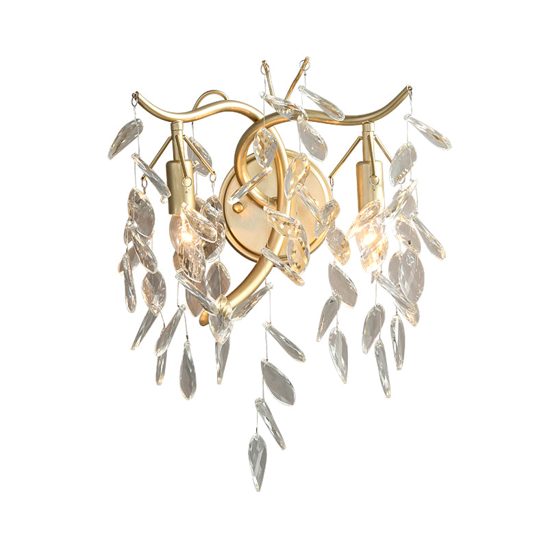 Branch Clear Crystal Wall Mount Lamp Country 2 Heads Bedside Wall Lighting Fixture in Brass Clearhalo 'Wall Lamps & Sconces' 'Wall Lights' Lighting' 2011995