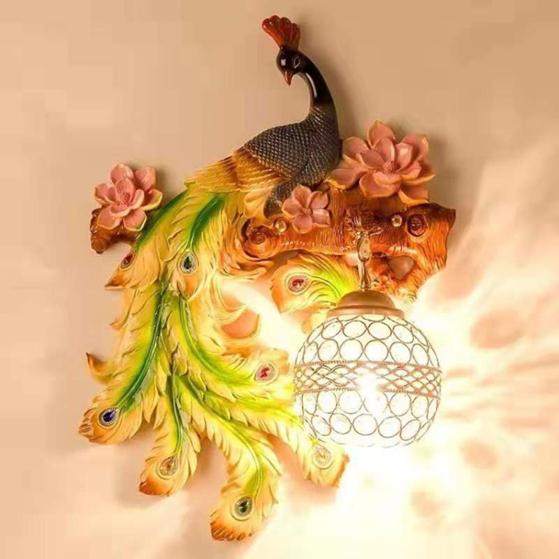 1 Head Wall Sconce Light Rural Bedroom Peacock Wall Lighting Ideas with Globe Crystal Shade Green Left Clearhalo 'Wall Lamps & Sconces' 'Wall Lights' Lighting' 2012001