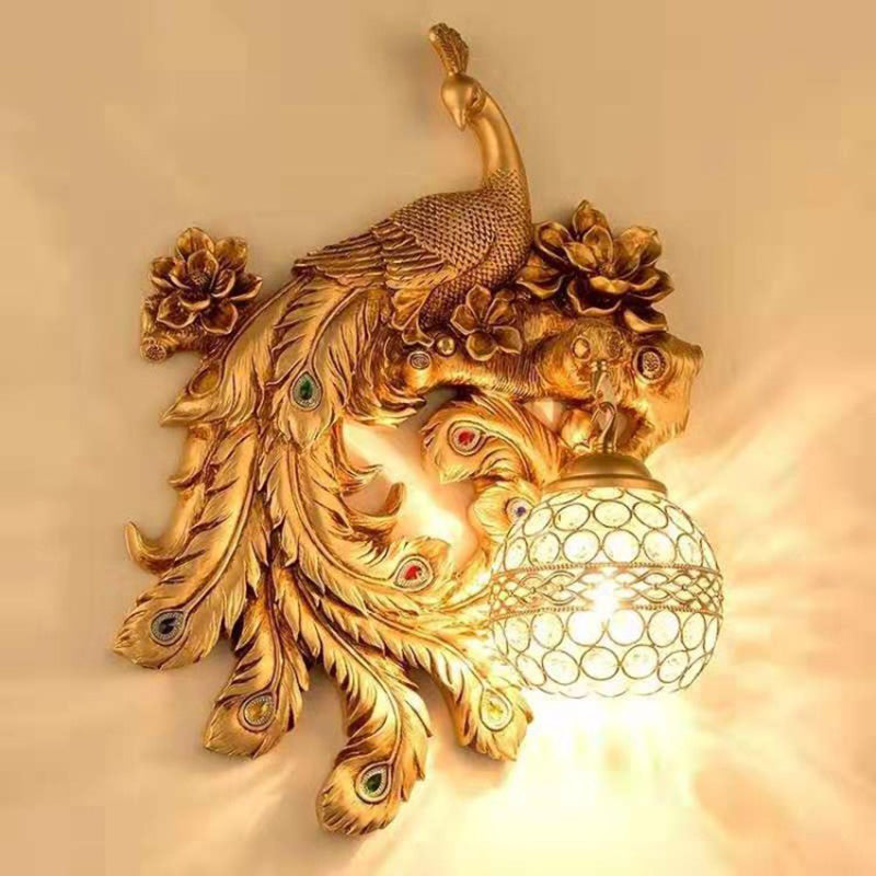 1 Head Wall Sconce Light Rural Bedroom Peacock Wall Lighting Ideas with Globe Crystal Shade Gold Left Clearhalo 'Wall Lamps & Sconces' 'Wall Lights' Lighting' 2012002