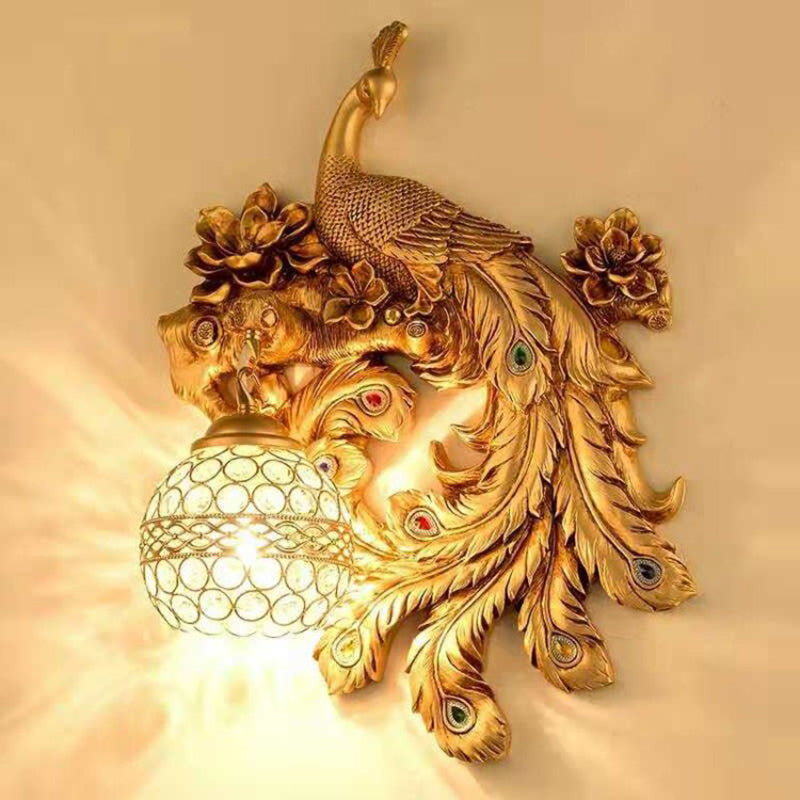 1 Head Wall Sconce Light Rural Bedroom Peacock Wall Lighting Ideas with Globe Crystal Shade Gold Right Clearhalo 'Wall Lamps & Sconces' 'Wall Lights' Lighting' 2012003