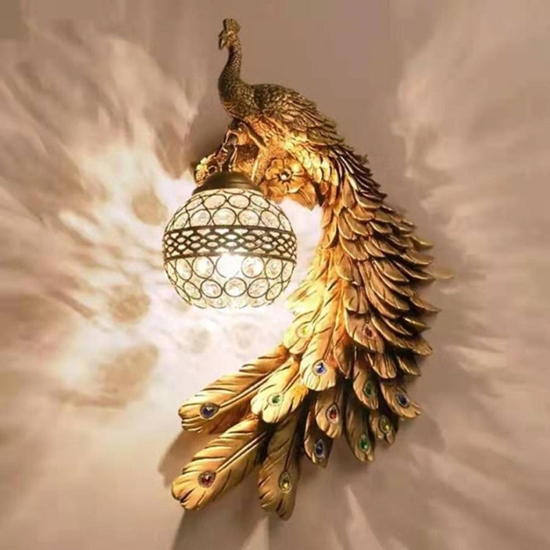 Resin Wall Light Sconce Peacock 1 Light Traditional Wall Mount Lamp with Globe Crystal Embedded Shade Gold Right Clearhalo 'Wall Lamps & Sconces' 'Wall Lights' Lighting' 2012011