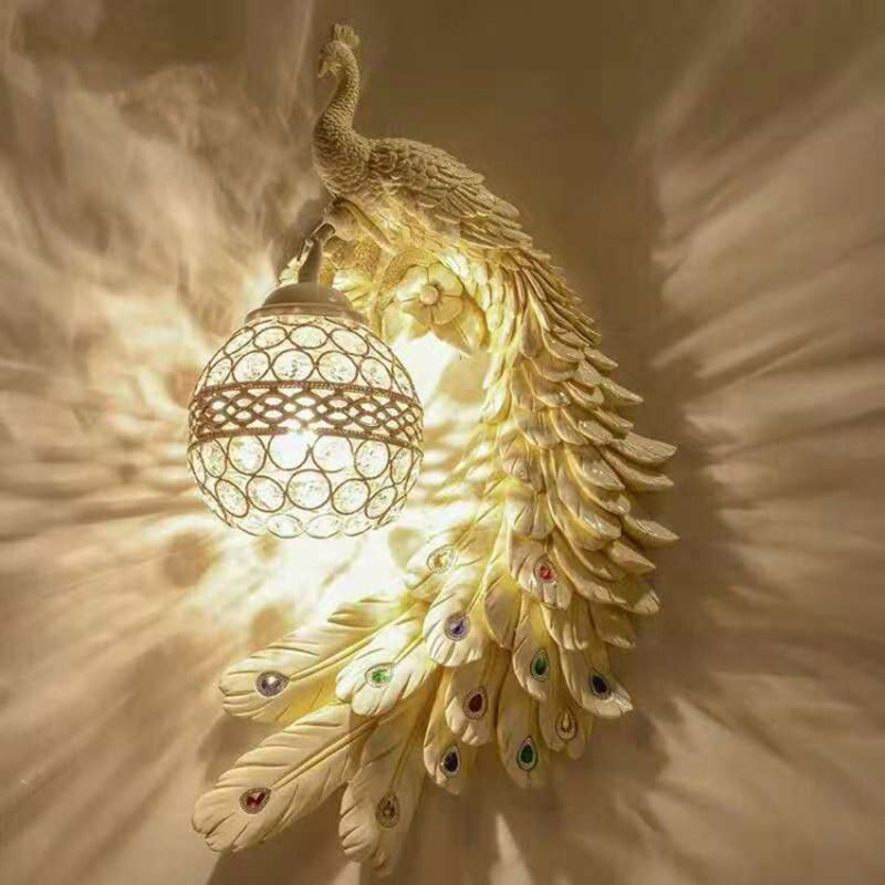 Resin Wall Light Sconce Peacock 1 Light Traditional Wall Mount Lamp with Globe Crystal Embedded Shade White Right Clearhalo 'Wall Lamps & Sconces' 'Wall Lights' Lighting' 2012015