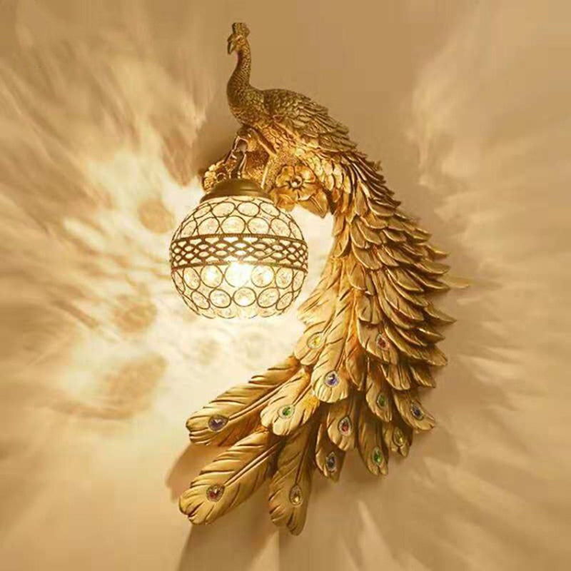 Classic Peacock Wall Lamp Sconce 1 Bulb Resin Wall Light Fixture with Spherical Crystal Encrusted Shade Gold Clearhalo 'Wall Lamps & Sconces' 'Wall Lights' Lighting' 2012017