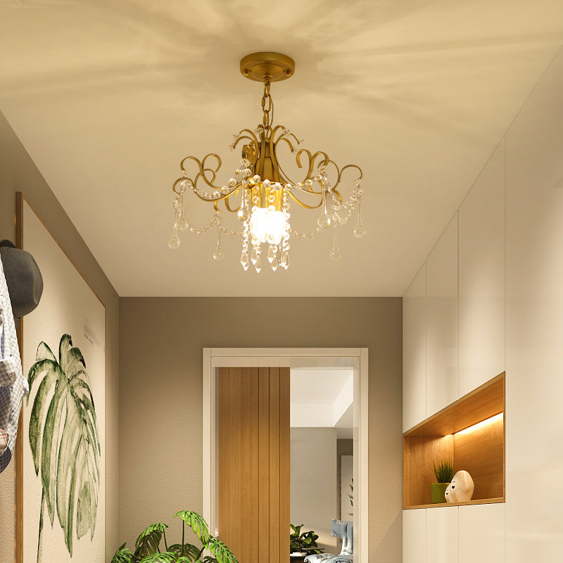 Curving Metal Pendant Lighting Country 1 Head Corridor Suspension Lamp with Crystal Accent in Gold Clearhalo 'Ceiling Lights' 'Pendant Lights' 'Pendants' Lighting' 2012029