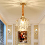 Gold Curved Arm Pendant Light Fixture Countryside Metal 1 Bulb Porch Hanging Lamp Kit with Crystal Accent Clearhalo 'Ceiling Lights' 'Pendant Lights' 'Pendants' Lighting' 2012046