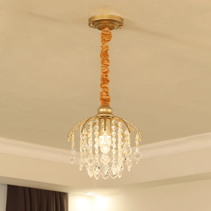 Gold Curved Arm Pendant Light Fixture Countryside Metal 1 Bulb Porch Hanging Lamp Kit with Crystal Accent Clearhalo 'Ceiling Lights' 'Pendant Lights' 'Pendants' Lighting' 2012047