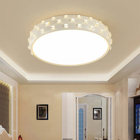 Simple Style Drum Flush Ceiling Light Acrylic LED Ceiling Lamp with Crystal Square in White for Bedroom White Clearhalo 'Ceiling Lights' 'Close To Ceiling Lights' 'Close to ceiling' 'Flush mount' Lighting' 201262