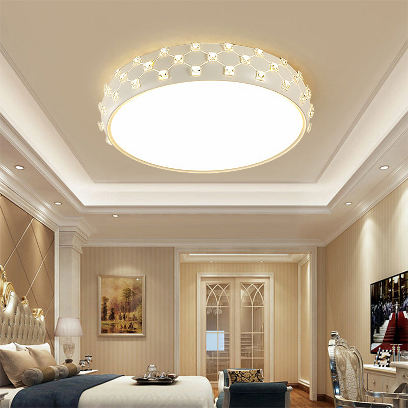 Simple Style Drum Flush Ceiling Light Acrylic LED Ceiling Lamp with Crystal Square in White for Bedroom Clearhalo 'Ceiling Lights' 'Close To Ceiling Lights' 'Close to ceiling' 'Flush mount' Lighting' 201263