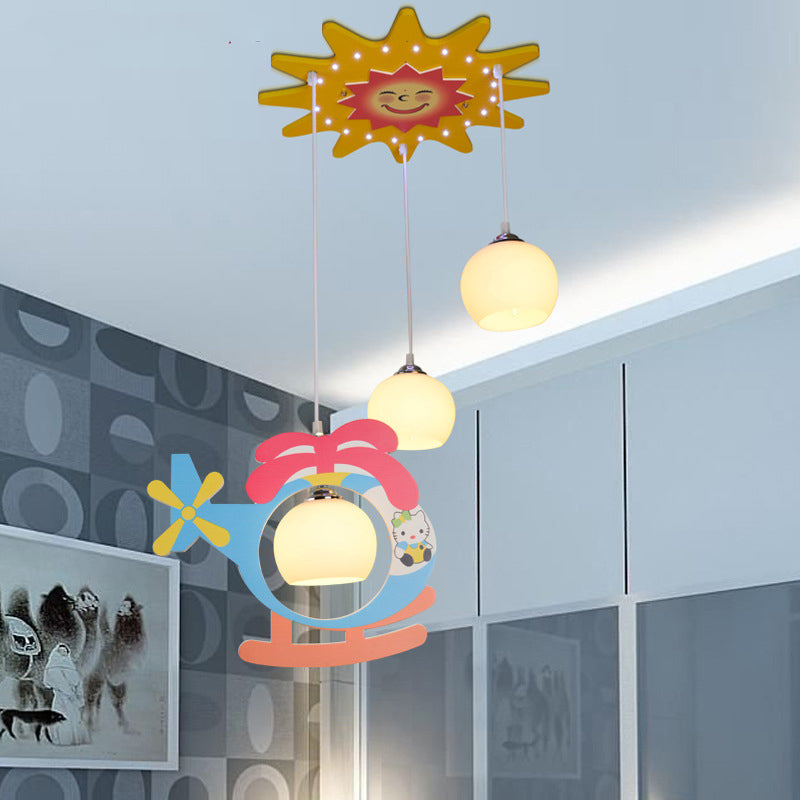 Kids Multi-Color Hanging Lamp Helicopter 3 Heads Opal Glass Ceiling Pendant for Kindergarten Cream Clearhalo 'Ceiling Lights' 'Pendant Lights' 'Pendants' Lighting' 201332_6f3a6b95-8c6b-49ad-9016-543e158d8fd0