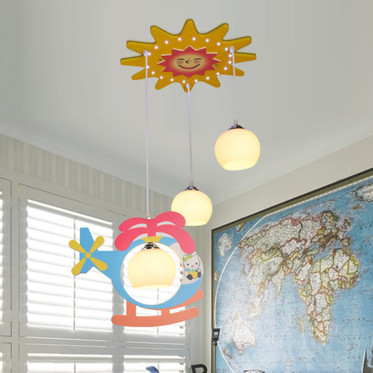 Kids Multi-Color Hanging Lamp Helicopter 3 Heads Opal Glass Ceiling Pendant for Kindergarten Clearhalo 'Ceiling Lights' 'Pendant Lights' 'Pendants' Lighting' 201333