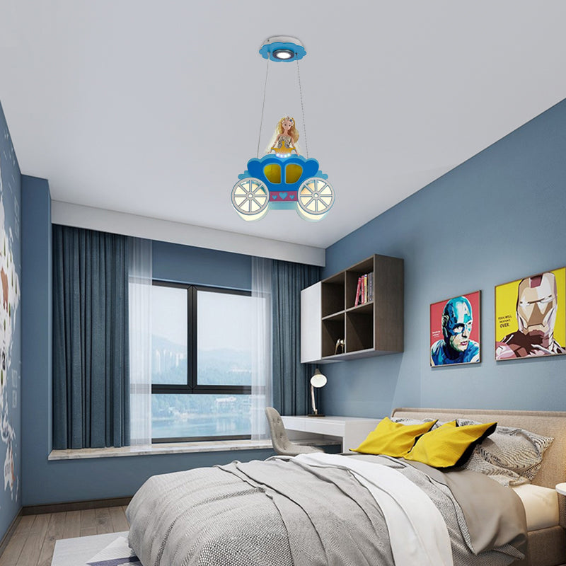 Wood Car Pendant Light with Princess Girls Bedroom Two Lights Cartoon Chandelier in Blue Clearhalo 'Ceiling Lights' 'Chandeliers' Lighting' options 201342