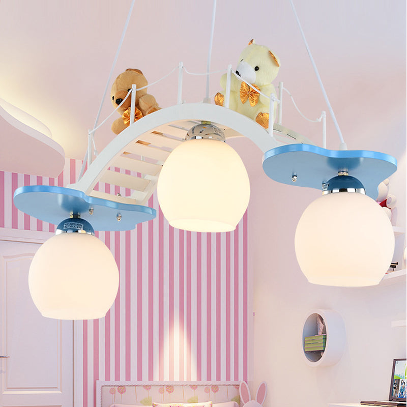 Child Bedroom Bridge Chandelier with Bear Wood 3 Lights Cartoon White Hanging Light Clearhalo 'Ceiling Lights' 'Chandeliers' Lighting' options 201355