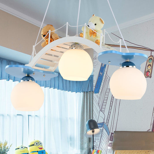 Child Bedroom Bridge Chandelier with Bear Wood 3 Lights Cartoon White Hanging Light Clearhalo 'Ceiling Lights' 'Chandeliers' Lighting' options 201356