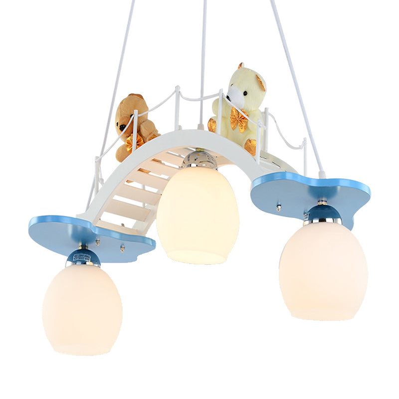 Child Bedroom Bridge Chandelier with Bear Wood 3 Lights Cartoon White Hanging Light Clearhalo 'Ceiling Lights' 'Chandeliers' Lighting' options 201357