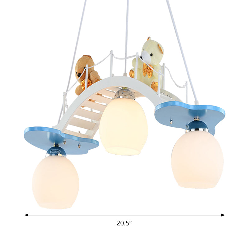 Child Bedroom Bridge Chandelier with Bear Wood 3 Lights Cartoon White Hanging Light Clearhalo 'Ceiling Lights' 'Chandeliers' Lighting' options 201358