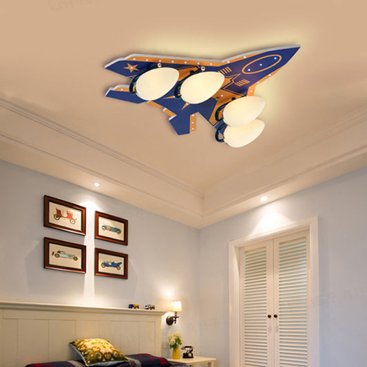 4 Lights Plane Ceiling Lamp Modern Style Wood & Glass Ceiling Mount Light for Boys Bedroom Blue Clearhalo 'Ceiling Lights' 'Close To Ceiling Lights' 'Close to ceiling' 'Flush mount' Lighting' 201437