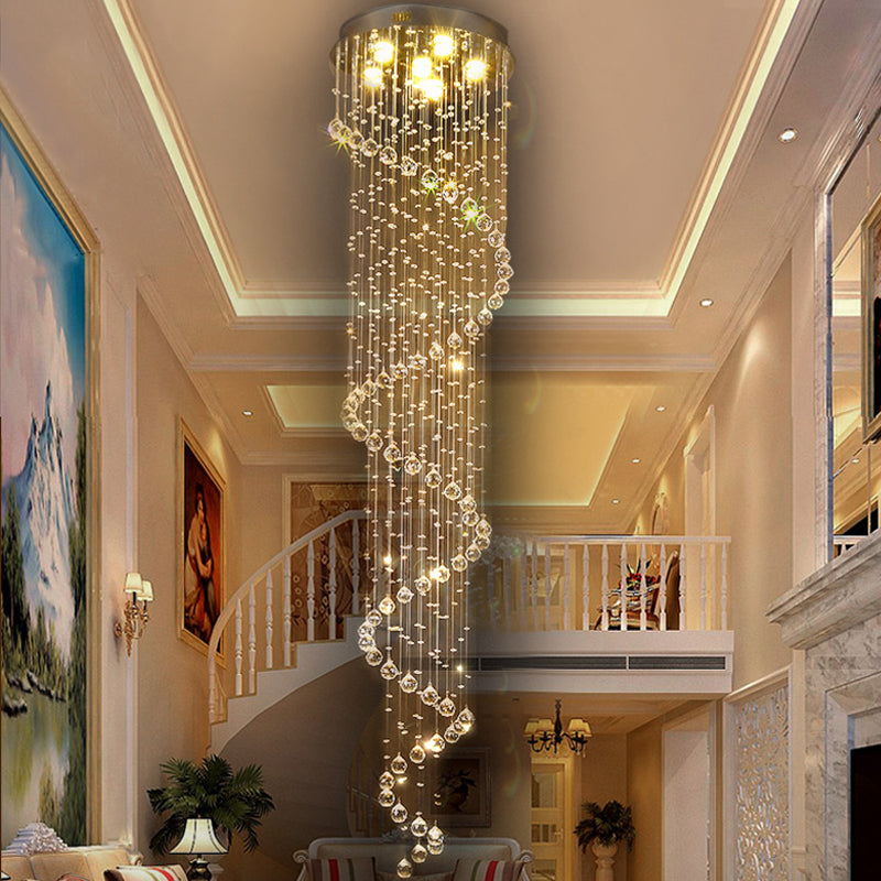 Stainless Steel Spiral Ceiling Lamp Contemporary 6 Bulbs 86.5" Tall Crystal Beaded Flush Mount Clearhalo 'Ceiling Lights' 'Close To Ceiling Lights' 'Close to ceiling' 'Flush mount' Lighting' 2015256