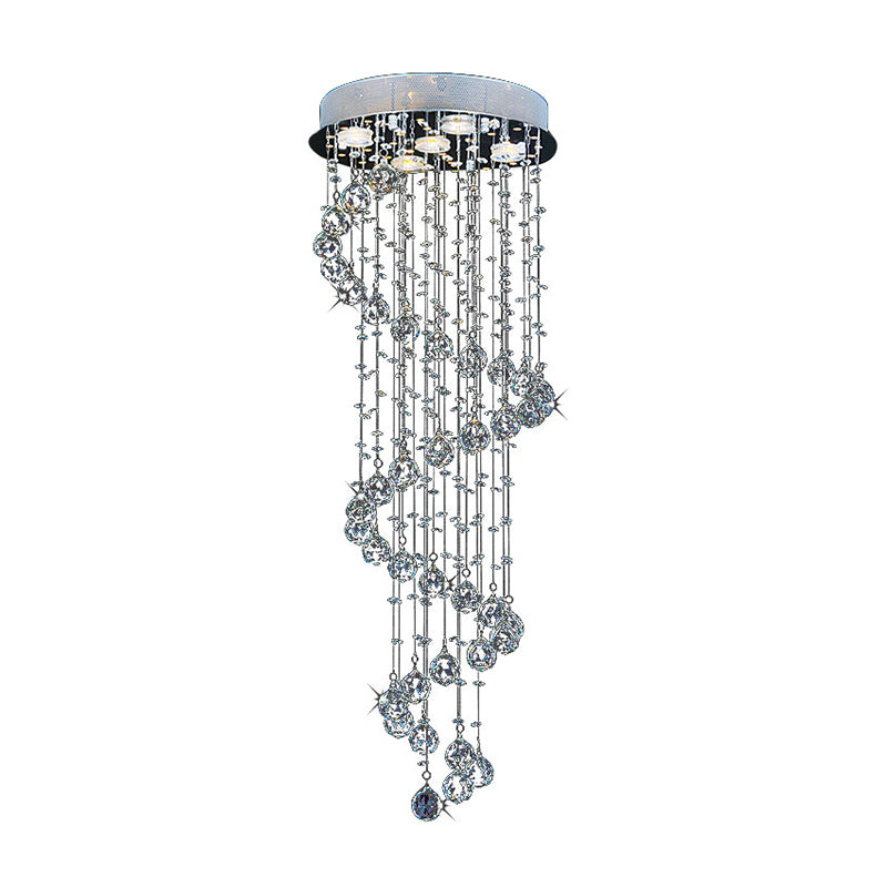 1/3/5-Bulb Crystal Draping Flush Light Modern Stainless Steel Spiral Living Room Ceiling Mount Lamp 5 Stainless-Steel Clearhalo 'Ceiling Lights' 'Close To Ceiling Lights' 'Close to ceiling' 'Flush mount' Lighting' 2015265