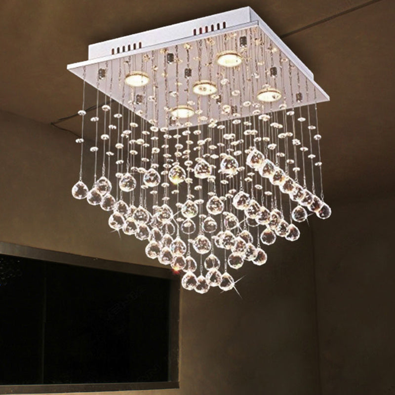 5 Bulbs Crystal Ceiling Lighting Modern Stainless Steel Pyramid Shaped Living Room Flush Mount Light Clearhalo 'Ceiling Lights' 'Close To Ceiling Lights' 'Close to ceiling' 'Flush mount' Lighting' 2015375