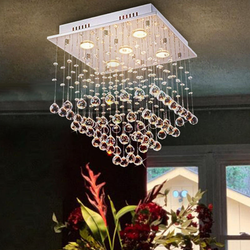 5 Bulbs Crystal Ceiling Lighting Modern Stainless Steel Pyramid Shaped Living Room Flush Mount Light Clearhalo 'Ceiling Lights' 'Close To Ceiling Lights' 'Close to ceiling' 'Flush mount' Lighting' 2015376