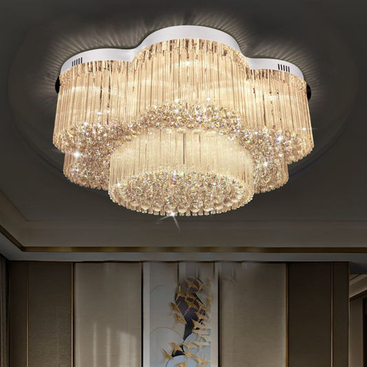 15-Bulb Flower Ceiling Lighting Contemporary Stainless Steel Crystal Flush Mounted Lamp for Living Room Clearhalo 'Ceiling Lights' 'Close To Ceiling Lights' 'Close to ceiling' 'Flush mount' Lighting' 2015409