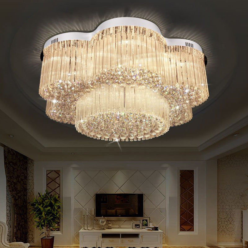 15-Bulb Flower Ceiling Lighting Contemporary Stainless Steel Crystal Flush Mounted Lamp for Living Room Clearhalo 'Ceiling Lights' 'Close To Ceiling Lights' 'Close to ceiling' 'Flush mount' Lighting' 2015410