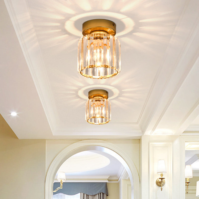Square/Cylinder Corridor Ceiling Lamp Simplicity Crystal 1 Bulb Black/Gold Semi Flush Mount Light Fixture Gold Cylinder Clearhalo 'Ceiling Lights' 'Close To Ceiling Lights' 'Close to ceiling' 'Flush mount' Lighting' 2015420