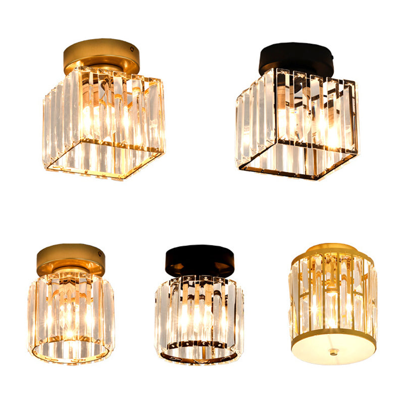 Square/Cylinder Corridor Ceiling Lamp Simplicity Crystal 1 Bulb Black/Gold Semi Flush Mount Light Fixture Clearhalo 'Ceiling Lights' 'Close To Ceiling Lights' 'Close to ceiling' 'Flush mount' Lighting' 2015421