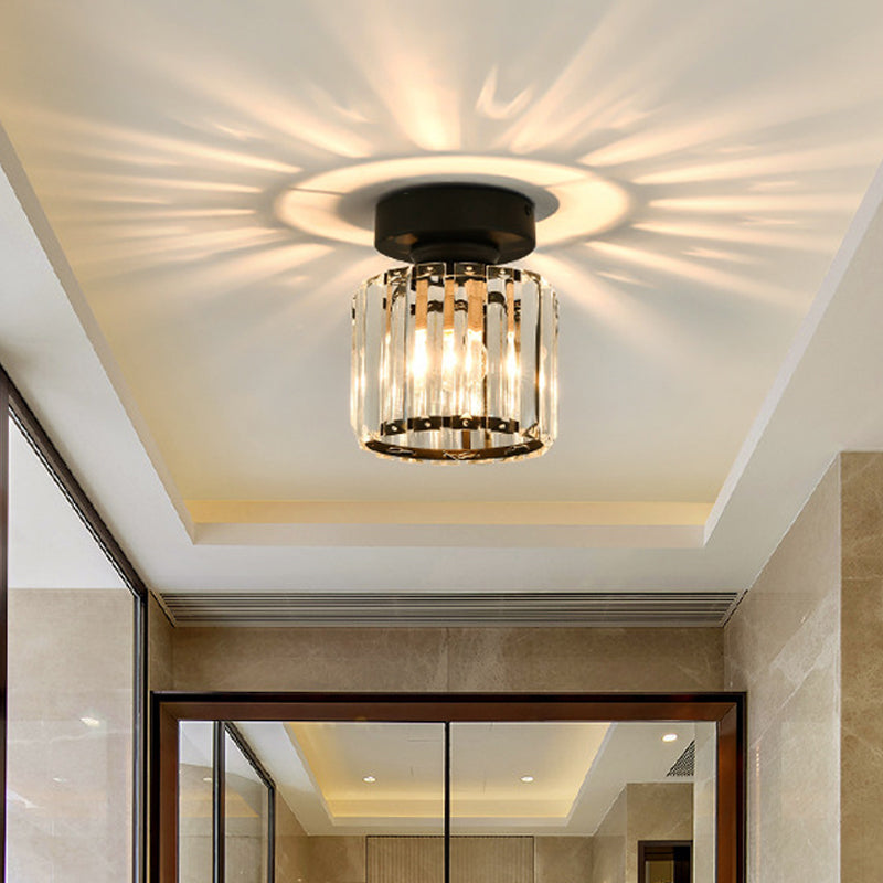 Square/Cylinder Corridor Ceiling Lamp Simplicity Crystal 1 Bulb Black/Gold Semi Flush Mount Light Fixture Clearhalo 'Ceiling Lights' 'Close To Ceiling Lights' 'Close to ceiling' 'Flush mount' Lighting' 2015429
