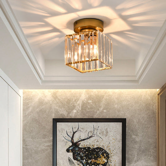 Square/Cylinder Corridor Ceiling Lamp Simplicity Crystal 1 Bulb Black/Gold Semi Flush Mount Light Fixture Clearhalo 'Ceiling Lights' 'Close To Ceiling Lights' 'Close to ceiling' 'Flush mount' Lighting' 2015432