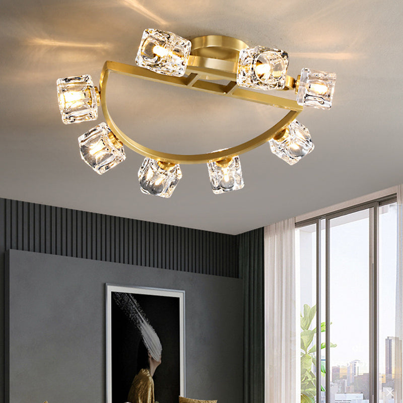 Gold Half-Circle Semi Mount Lighting Postmodern Metal 2/5/8-Head Foyer Ceiling Flush Light in Gold with Square Crystal Shade 8 Gold Clearhalo 'Ceiling Lights' 'Close To Ceiling Lights' 'Close to ceiling' 'Semi-flushmount' Lighting' 2015440