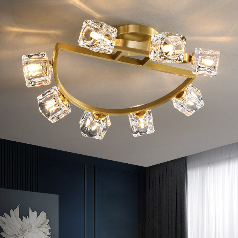 Gold Half-Circle Semi Mount Lighting Postmodern Metal 2/5/8-Head Foyer Ceiling Flush Light in Gold with Square Crystal Shade Clearhalo 'Ceiling Lights' 'Close To Ceiling Lights' 'Close to ceiling' 'Semi-flushmount' Lighting' 2015441