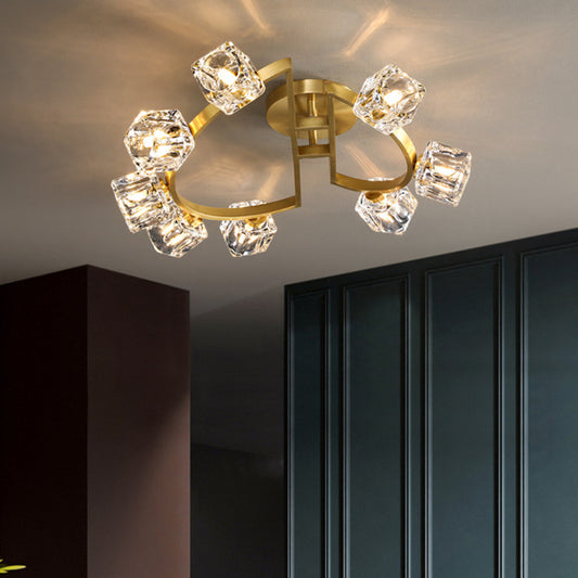 Gold Half-Circle Semi Mount Lighting Postmodern Metal 2/5/8-Head Foyer Ceiling Flush Light in Gold with Square Crystal Shade Clearhalo 'Ceiling Lights' 'Close To Ceiling Lights' 'Close to ceiling' 'Semi-flushmount' Lighting' 2015442