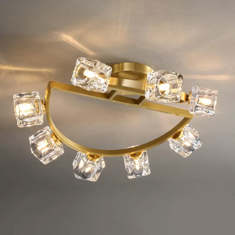Gold Half-Circle Semi Mount Lighting Postmodern Metal 2/5/8-Head Foyer Ceiling Flush Light in Gold with Square Crystal Shade Clearhalo 'Ceiling Lights' 'Close To Ceiling Lights' 'Close to ceiling' 'Semi-flushmount' Lighting' 2015444