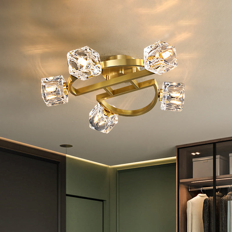 Gold Half-Circle Semi Mount Lighting Postmodern Metal 2/5/8-Head Foyer Ceiling Flush Light in Gold with Square Crystal Shade 5 Gold Clearhalo 'Ceiling Lights' 'Close To Ceiling Lights' 'Close to ceiling' 'Semi-flushmount' Lighting' 2015446