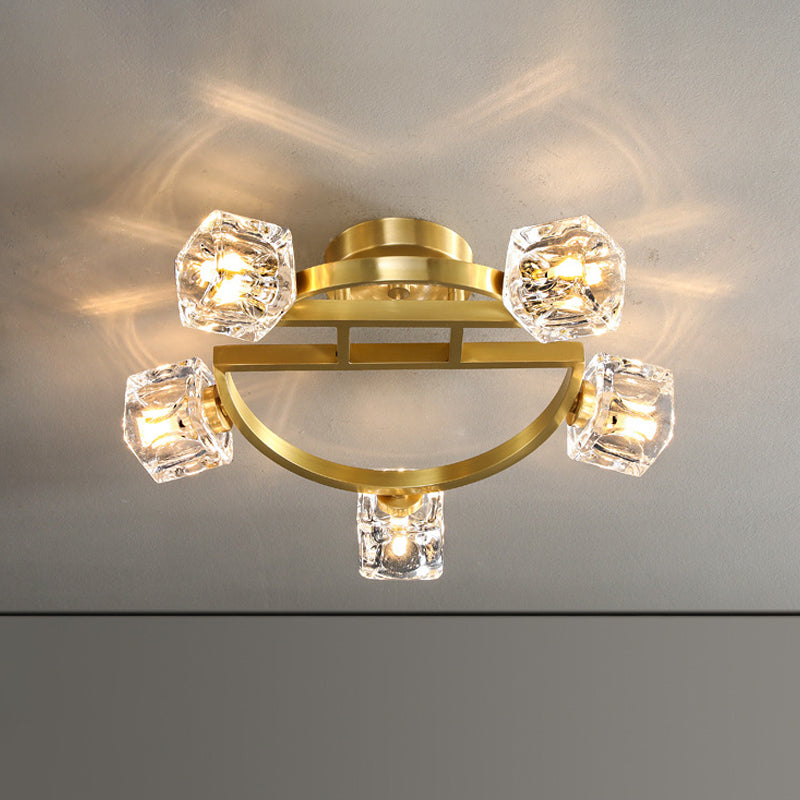 Gold Half-Circle Semi Mount Lighting Postmodern Metal 2/5/8-Head Foyer Ceiling Flush Light in Gold with Square Crystal Shade Clearhalo 'Ceiling Lights' 'Close To Ceiling Lights' 'Close to ceiling' 'Semi-flushmount' Lighting' 2015447