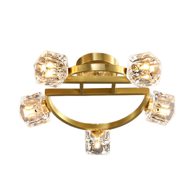 Gold Half-Circle Semi Mount Lighting Postmodern Metal 2/5/8-Head Foyer Ceiling Flush Light in Gold with Square Crystal Shade Clearhalo 'Ceiling Lights' 'Close To Ceiling Lights' 'Close to ceiling' 'Semi-flushmount' Lighting' 2015448