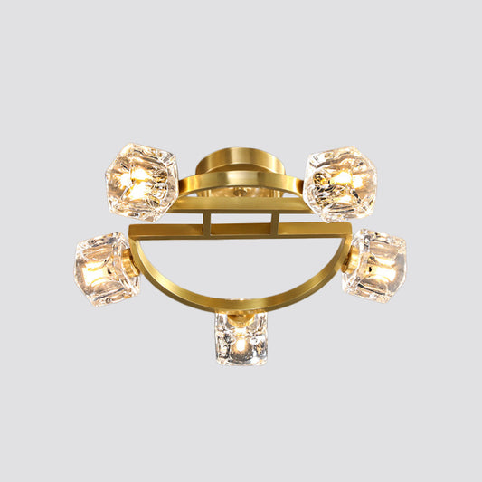 Gold Half-Circle Semi Mount Lighting Postmodern Metal 2/5/8-Head Foyer Ceiling Flush Light in Gold with Square Crystal Shade Clearhalo 'Ceiling Lights' 'Close To Ceiling Lights' 'Close to ceiling' 'Semi-flushmount' Lighting' 2015449