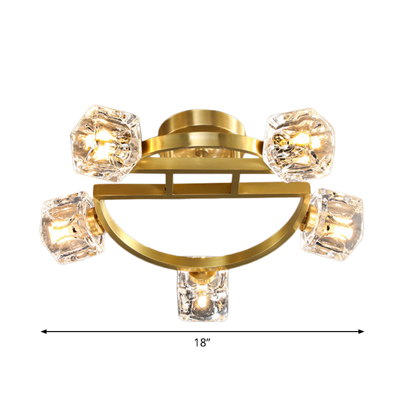 Gold Half-Circle Semi Mount Lighting Postmodern Metal 2/5/8-Head Foyer Ceiling Flush Light in Gold with Square Crystal Shade Clearhalo 'Ceiling Lights' 'Close To Ceiling Lights' 'Close to ceiling' 'Semi-flushmount' Lighting' 2015450