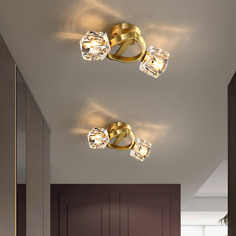 Gold Half-Circle Semi Mount Lighting Postmodern Metal 2/5/8-Head Foyer Ceiling Flush Light in Gold with Square Crystal Shade 2 Gold Clearhalo 'Ceiling Lights' 'Close To Ceiling Lights' 'Close to ceiling' 'Semi-flushmount' Lighting' 2015451