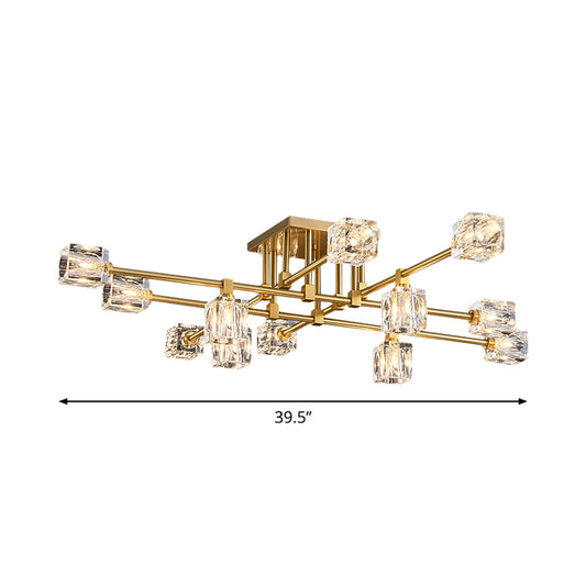 4/12/16 Heads Semi Flush Chandelier Postmodern Ice Cube Crystal Flush Mounted Light in Brass Clearhalo 'Ceiling Lights' 'Close To Ceiling Lights' 'Close to ceiling' 'Semi-flushmount' Lighting' 2015470