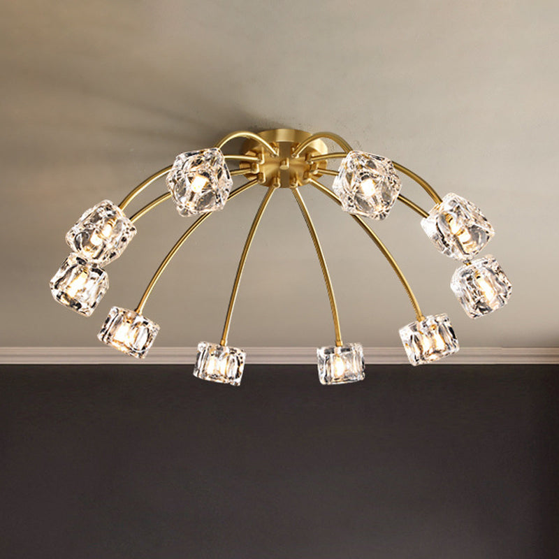 Brass Starburst Ceiling Mount Light Postmodern Crystal Cube 6/10 Heads Living Room Semi Flush Mounted Lamp 10 Brass Clearhalo 'Ceiling Lights' 'Close To Ceiling Lights' 'Close to ceiling' 'Semi-flushmount' Lighting' 2015475