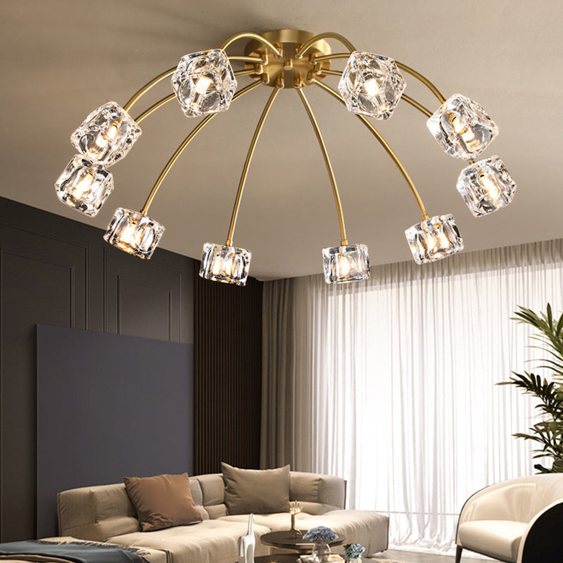 Brass Starburst Ceiling Mount Light Postmodern Crystal Cube 6/10 Heads Living Room Semi Flush Mounted Lamp Clearhalo 'Ceiling Lights' 'Close To Ceiling Lights' 'Close to ceiling' 'Semi-flushmount' Lighting' 2015476