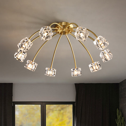 Brass Starburst Ceiling Mount Light Postmodern Crystal Cube 6/10 Heads Living Room Semi Flush Mounted Lamp Clearhalo 'Ceiling Lights' 'Close To Ceiling Lights' 'Close to ceiling' 'Semi-flushmount' Lighting' 2015477