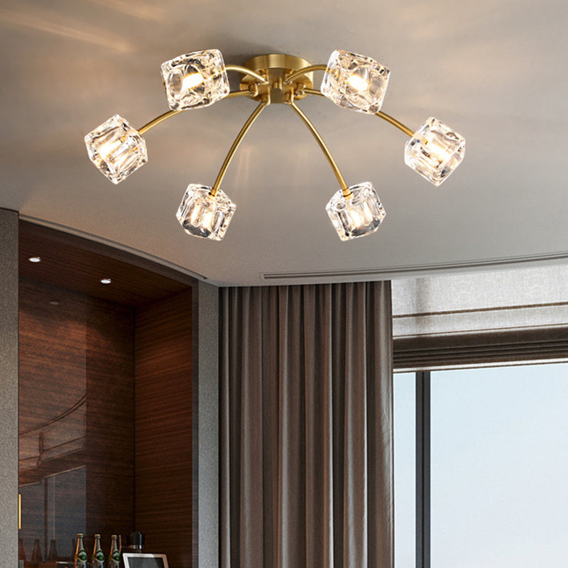 Brass Starburst Ceiling Mount Light Postmodern Crystal Cube 6/10 Heads Living Room Semi Flush Mounted Lamp 6 Brass Clearhalo 'Ceiling Lights' 'Close To Ceiling Lights' 'Close to ceiling' 'Semi-flushmount' Lighting' 2015482