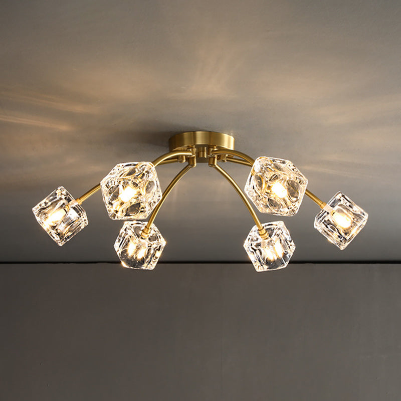Brass Starburst Ceiling Mount Light Postmodern Crystal Cube 6/10 Heads Living Room Semi Flush Mounted Lamp Clearhalo 'Ceiling Lights' 'Close To Ceiling Lights' 'Close to ceiling' 'Semi-flushmount' Lighting' 2015483