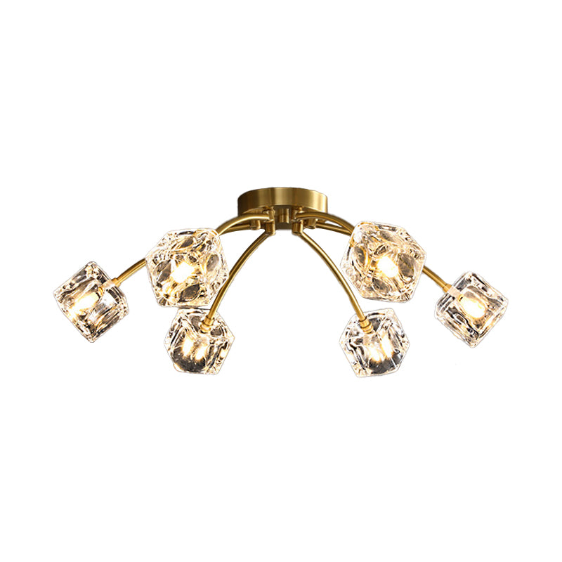 Brass Starburst Ceiling Mount Light Postmodern Crystal Cube 6/10 Heads Living Room Semi Flush Mounted Lamp Clearhalo 'Ceiling Lights' 'Close To Ceiling Lights' 'Close to ceiling' 'Semi-flushmount' Lighting' 2015484