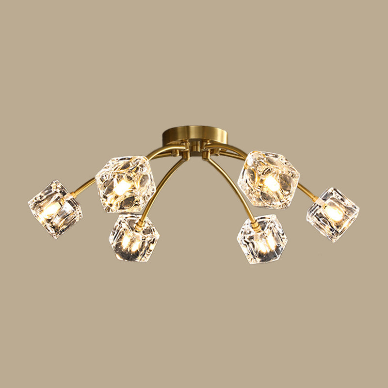 Brass Starburst Ceiling Mount Light Postmodern Crystal Cube 6/10 Heads Living Room Semi Flush Mounted Lamp Clearhalo 'Ceiling Lights' 'Close To Ceiling Lights' 'Close to ceiling' 'Semi-flushmount' Lighting' 2015485