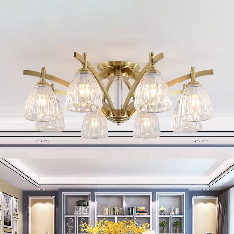 3/6/8 Bulbs Bell Semi Flush Light Modern Brass Textured Glass Ceiling Mount Chandelier for Living Room 8 Brass Clearhalo 'Ceiling Lights' 'Close To Ceiling Lights' 'Close to ceiling' 'Flush mount' Lighting' 2015487